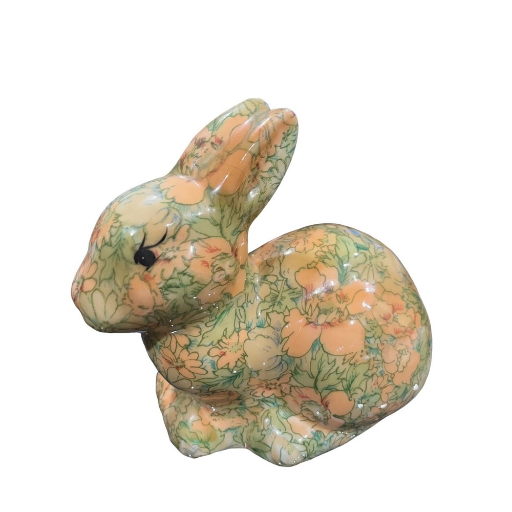 Vintage Easter Enesco Decoupage Rabbit Bunny Folk Art Floral 1970's Grannycore - Picture 2 of 9